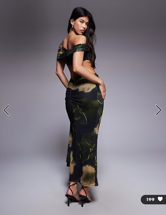 ASOS DESIGN mesh ruched off shoulder midi dress with ruffle sash detail in black and green floral print