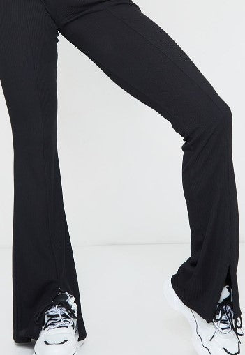 Black Rib Split Hem Flared Trousers