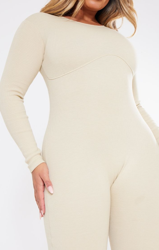 Plt - Shape Stone Ribbed Zip Front Long Sleeve Jumpsuit