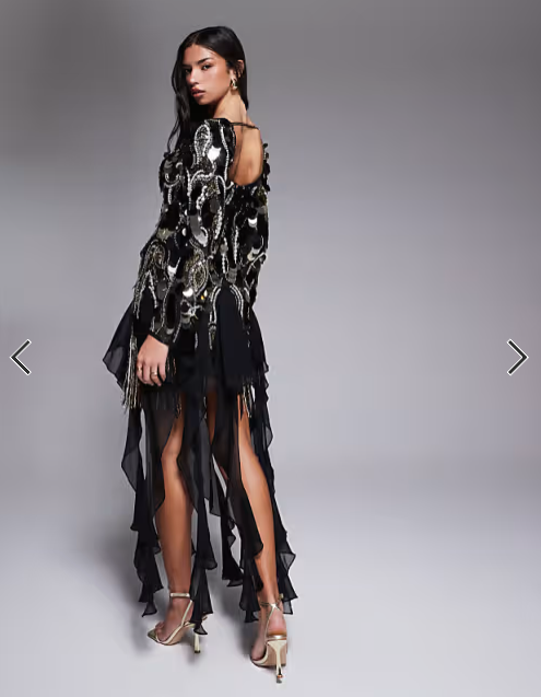 ASOS LUXE embellished chiffon trim mini dress in black