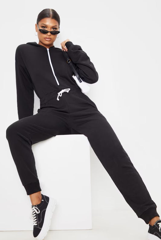 Black Long Sleeve Hooded Sweat Jumpsuit