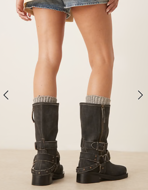 ASOS DESIGN Casey leather hardware biker knee boots in aged black suede