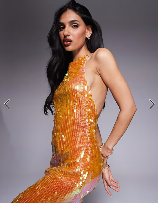 ASOS DESIGN iridescent sequin high neck maxi dress with open back in bronze