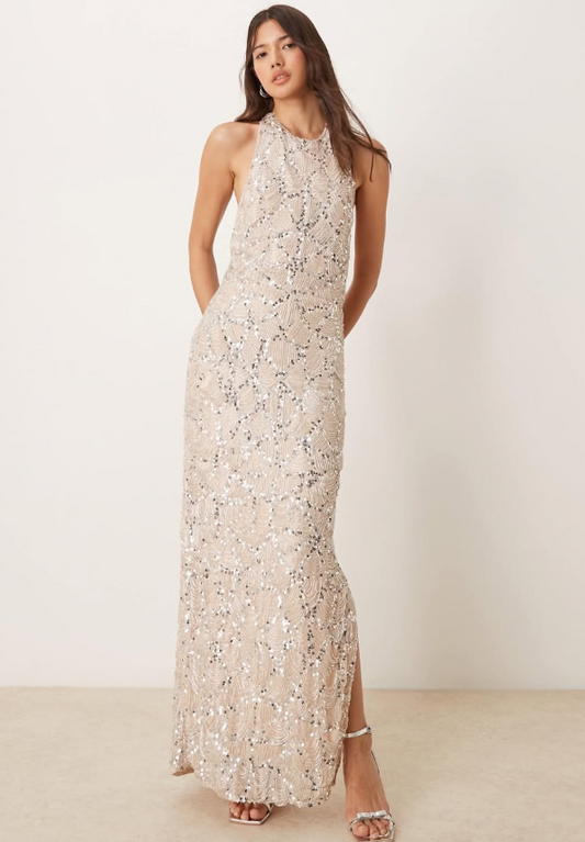 Asos - embellished drape front halter midi dress in silver