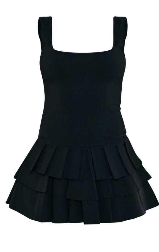 Black Stretch Woven Pleated Skort Playsuit