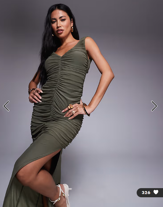 ASOS DESIGN plunge with ruching and open back with gold butterfly trim mesh maxi dress in khaki