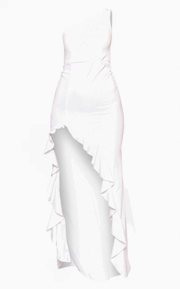 White One Shoulder Ruffle Hem Maxi Dress