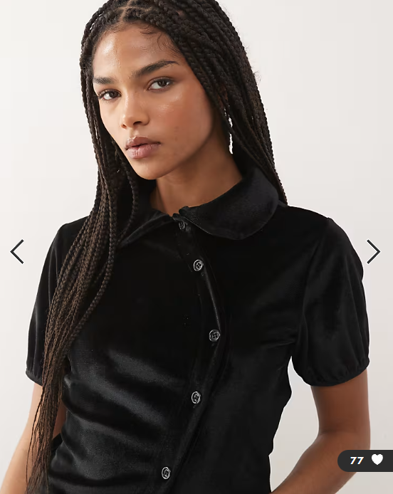 Reclaimed Vintage neat fit velvet shirt with asymmetric buttons and puff sleeve in black