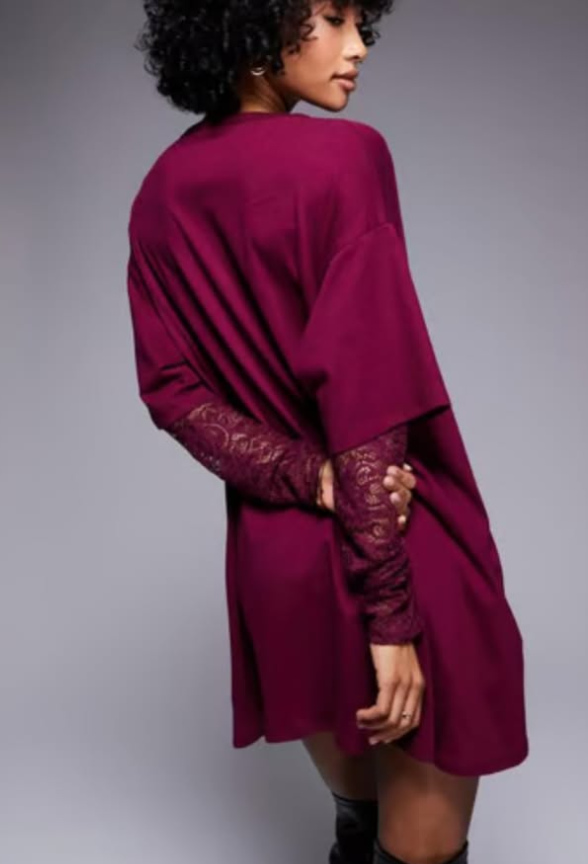 ASOS DESIGN long sleeve lace sleeve t shirt mini dress in burgundy
