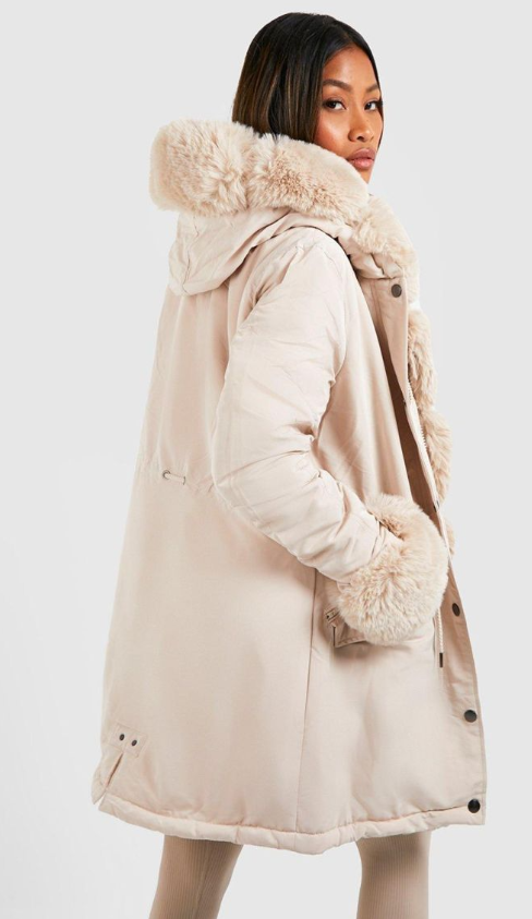 Boohoo Luxe Faux Fur Trim Collar And Cuff Parka - cream