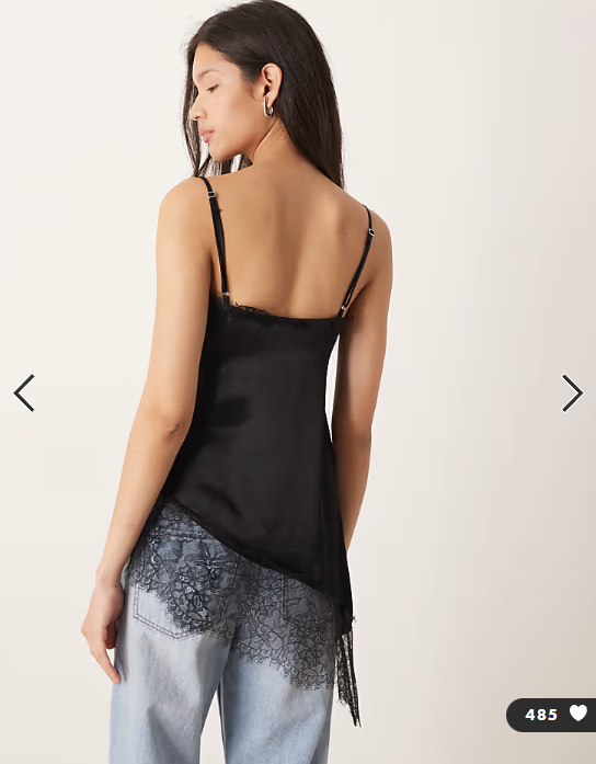 ASOS DESIGN satin lace trim asym hem cami top in black