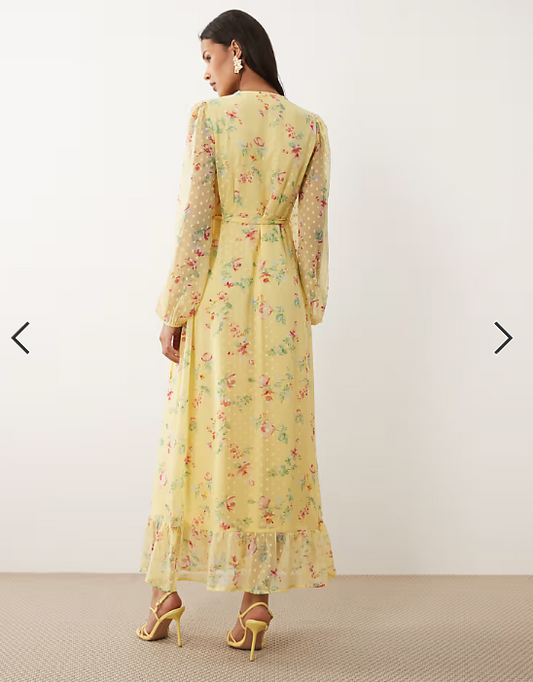 Vila dobby wrap maxi dress with frill detail in pastel yellow floral print