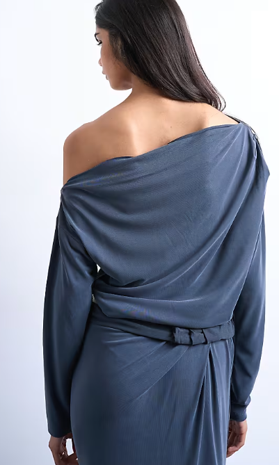 Topshop cupro long sleeve bardot twist detail top co-ord in charcoal grey