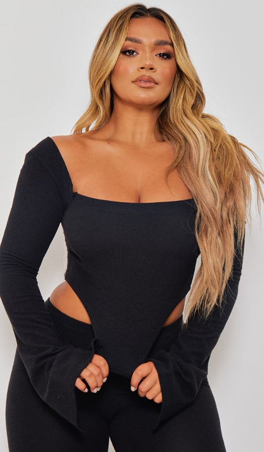 Shape Black Rib Bardot Flare Split Sleeve Crop Top