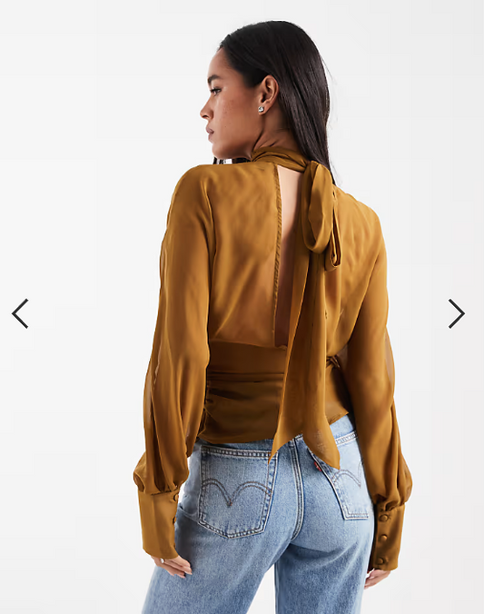 ASOS DESIGN batwing high neck blouse in ochre