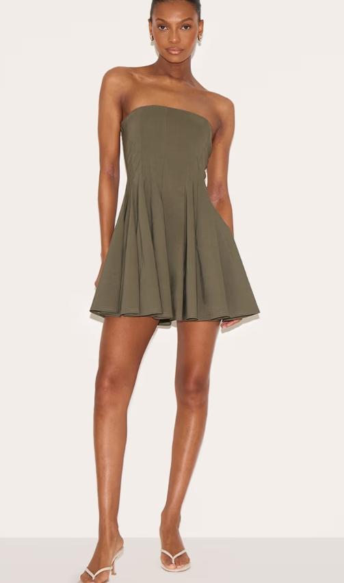 Plt - Khaki Stretch Woven Bandeau Pleated Shift Dress
