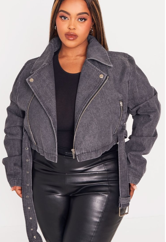 Plus Washed Black Cropped Denim Biker Jacket