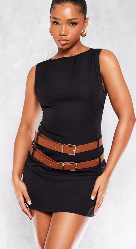 Plt - Black Racer Neck Double Belt Skort Playsuit