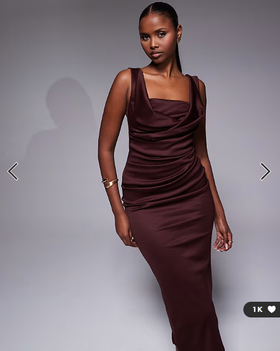 ASOS DESIGN square neck pleat bust midi pencil dress in chocolate