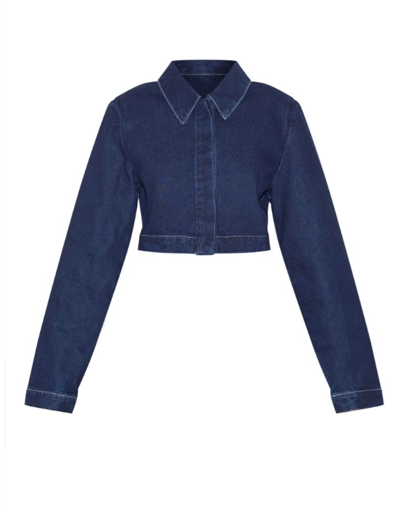 Indigo Contrast Stitch Cropped Long Sleeve Denim Shirt