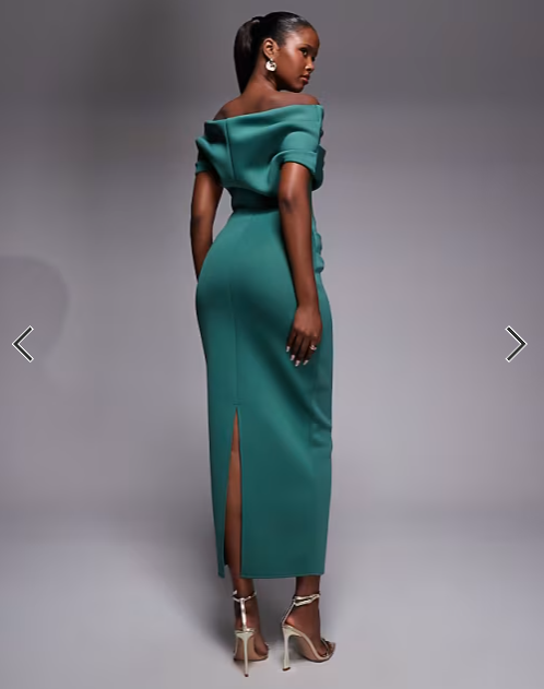 ASOS DESIGN ruched bardot midi dress in teal scuba-style fabric