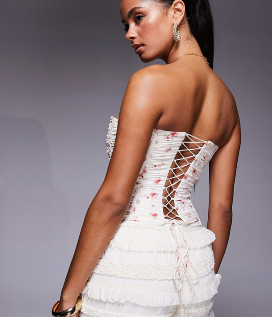 Oh Polly Trova Ruched lace-up corset top in rose print
