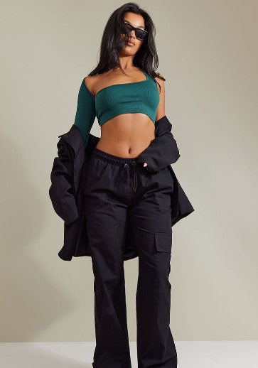 FOREST GREEN WIDE CONTOUR RIB ASYMMETRIC CROP TOP