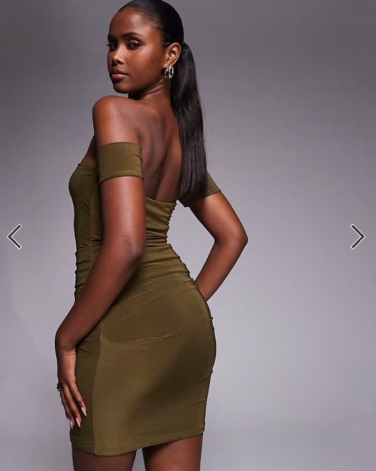 Kaiia exclusive double layered slinky bardot mini dress in khaki