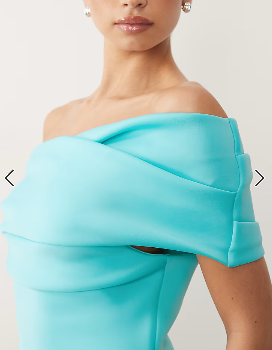 ASOS DESIGN bardot midi dress with split in turquoise scuba-style fabric