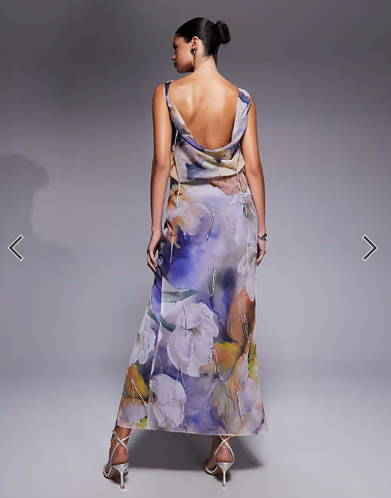 ASOS DESIGN slash neck chiffon midi dress with chain diamante embellishment in dark floral print