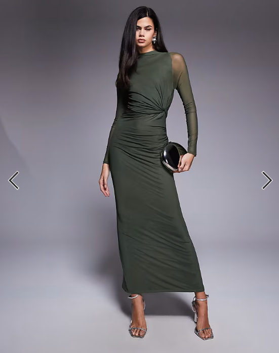 ASOS DESIGN mesh long sleeve twist bust detail halter maxi dress in khaki