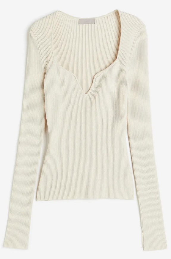 H&m - RIB-KNIT SWEETHEART-NECK TOP- Cream