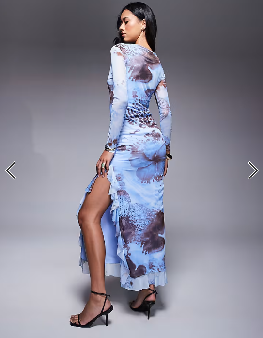 ASOS DESIGN mesh long sleeve frill detail a line maxi dress in blue floral print