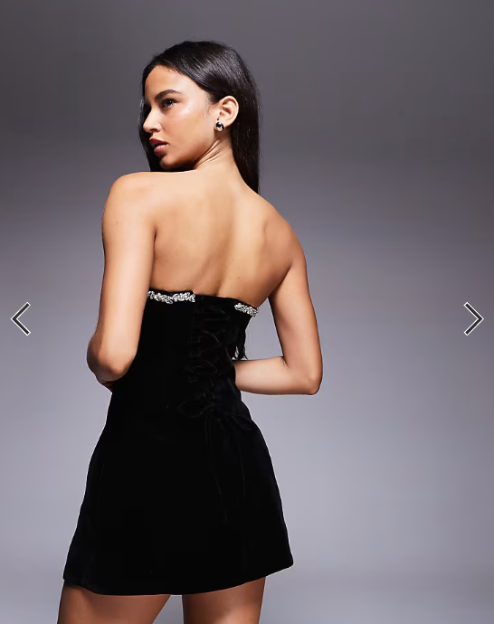 Murci structured bandeau velvet diamante trim lace up back detail mini dress in black