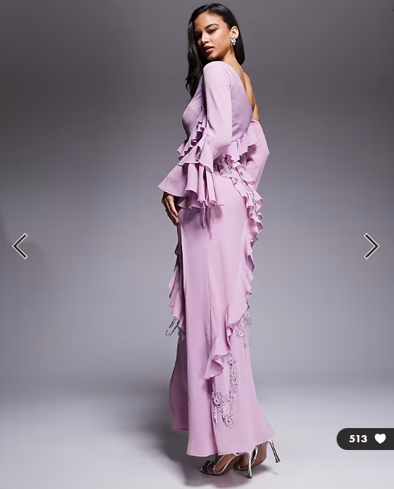 ASOS DESIGN raw edge ruffle embellished maxi dress with asymmetric sleeves in pink