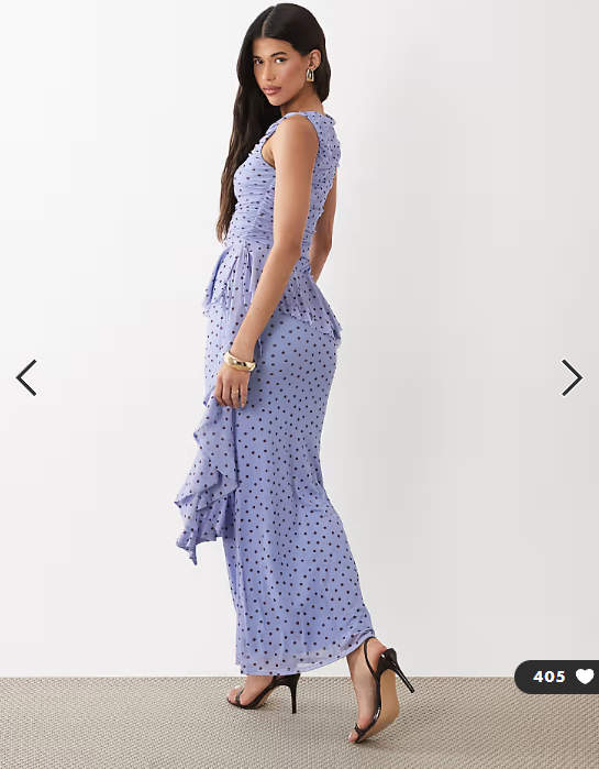 ASOS DESIGN mesh maxi dress with ruching and frill details in blue polka spot