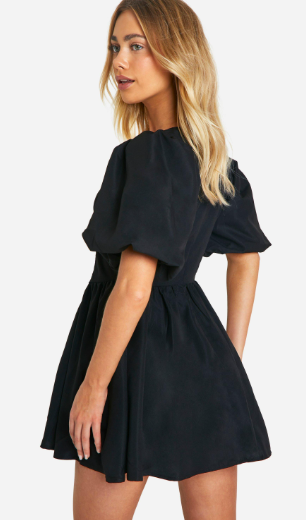 Black woven tiered puff sleeve smock dress