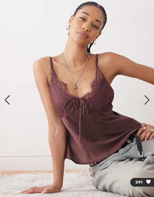 Reclaimed Vintage lingerie tea top with lace trims in plum brown
