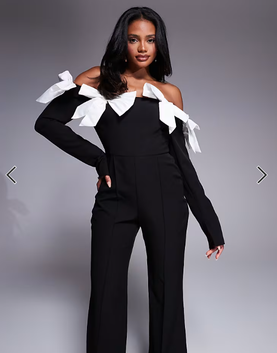 ASOS LUXE satin bow off shoulder jumpsuit in black contrast