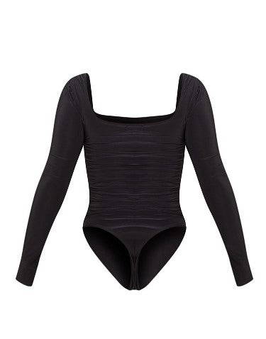 Black Slinky Ruched Long Sleeve Square Neck Bodysuit