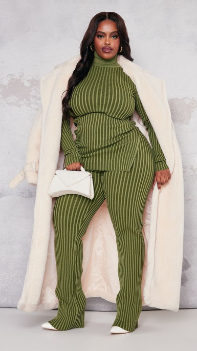 Plus Khaki Rib Knitted Trousers And Plus Khaki Roll Neck Rib Knitted Jumper set