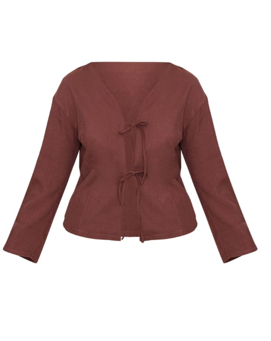 Plus Brown Woven Tie Front Flared Sleeve Shirt