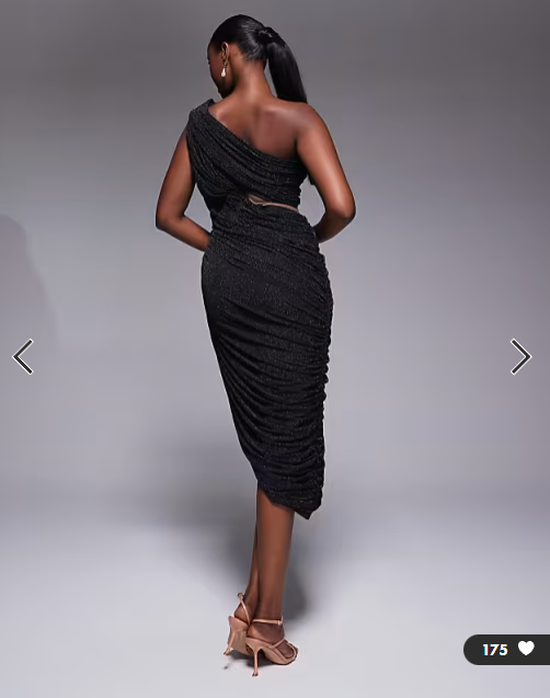 JLUXLABEL Aura one shoulder draped cut out asymmetric midi dress in black glitter