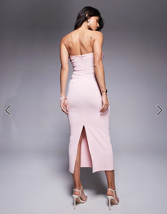 ASOS DESIGN bandeau midi dress with pleated satin bust cups in light pink in scuba-style fabric