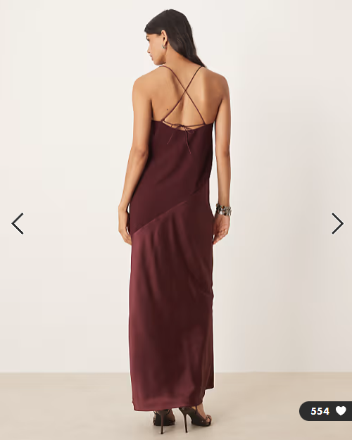 ASOS DESIGN draped satin chiffon cami maxi dress in placement burgundy floral print