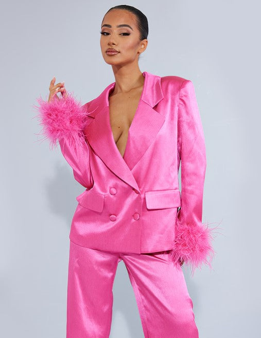 Petite Hot Pink Oversized Satin Feather Cuff Detail Suit Blazer