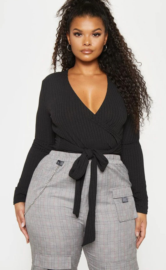 Plus Black Ribbed Tie Waist Bodysuit