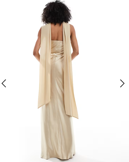Six Stories Bridesmaid satin maxi dress with chiffon neck scarf in soft gold