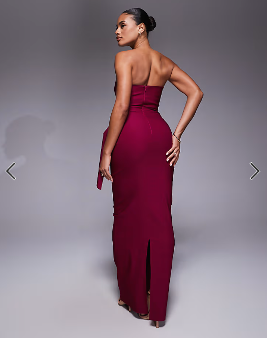 Vesper bengaline bandeau drape front detail maxi dress in berry