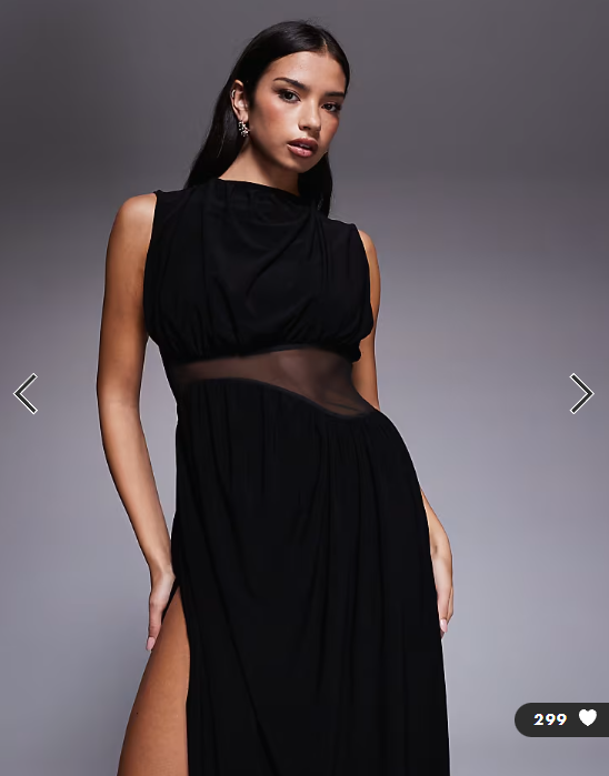 ASOS DESIGN midi dress with cowled skirt and mesh cut out detailing